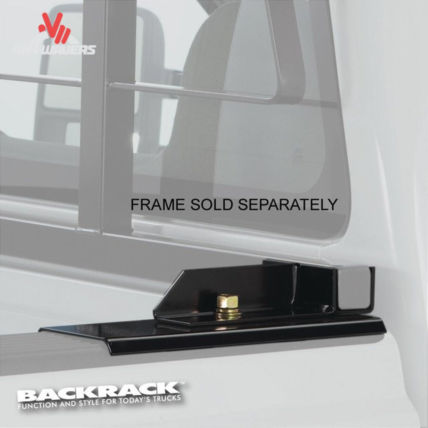 Close-up of the RealTruck Backrack 21-inch Toolbox Mount Kit bracket for Ford F-150 headache rack, showing detailed mounting components.
