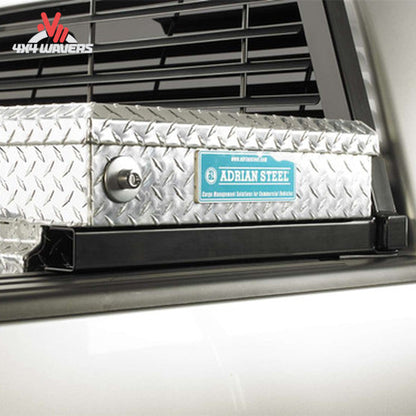 RealTruck Backrack 21-inch Toolbox Mount Kit installed on Ford F-150 headache rack in truck bed.