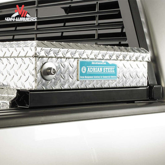 RealTruck Backrack 21-inch Toolbox Mount Kit installed on Ford F-150 headache rack in truck bed.