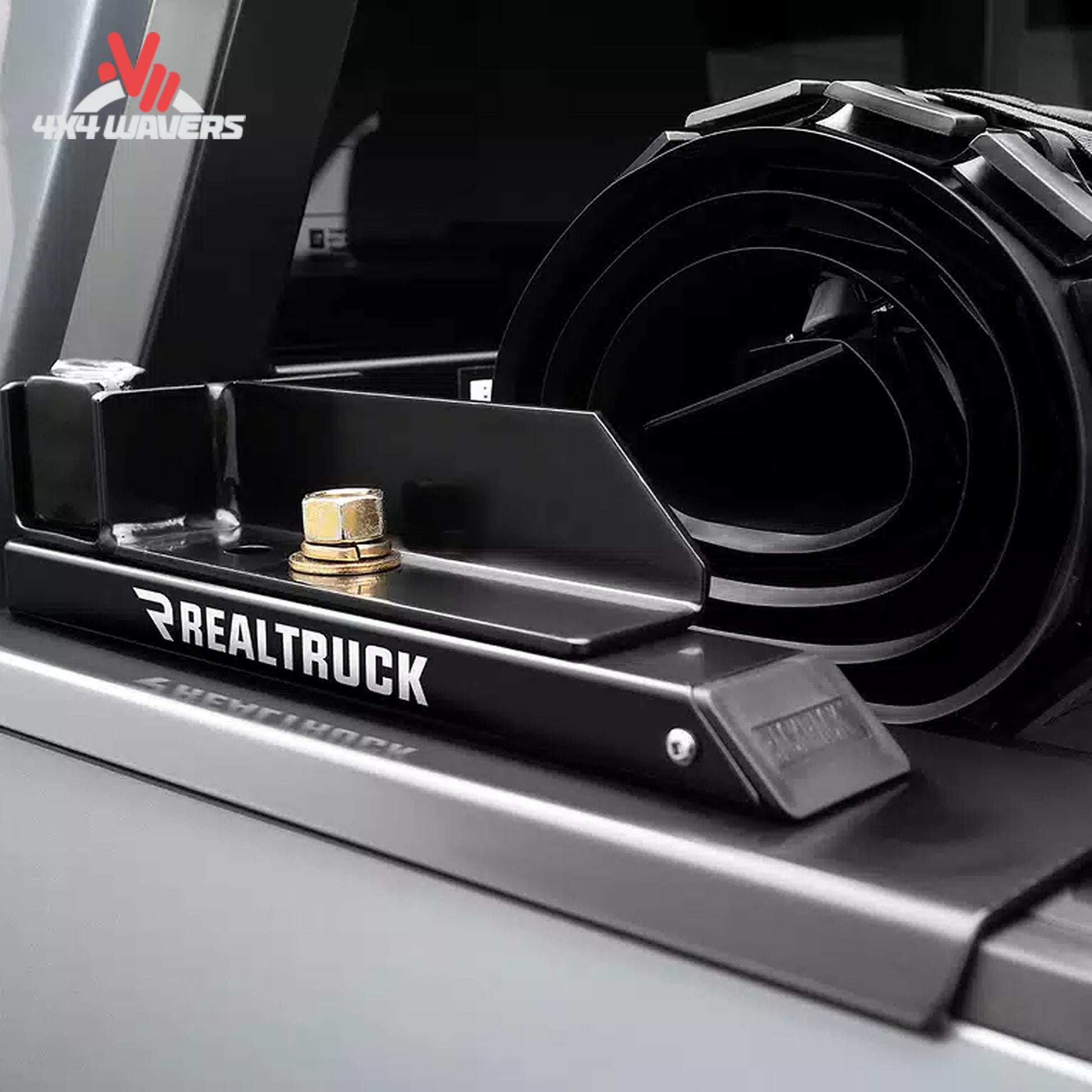 Close-up of black steel wide top bed rail adapter bracket SKU 50112 for folding covers