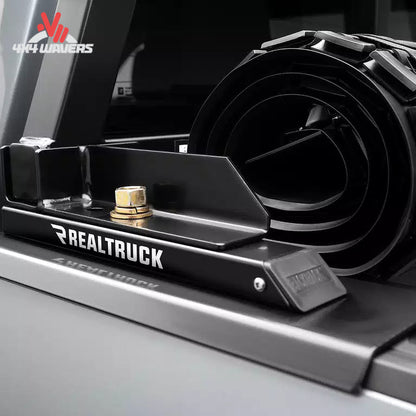 Close-up of black steel wide top bed rail adapter bracket SKU 50112 for folding covers