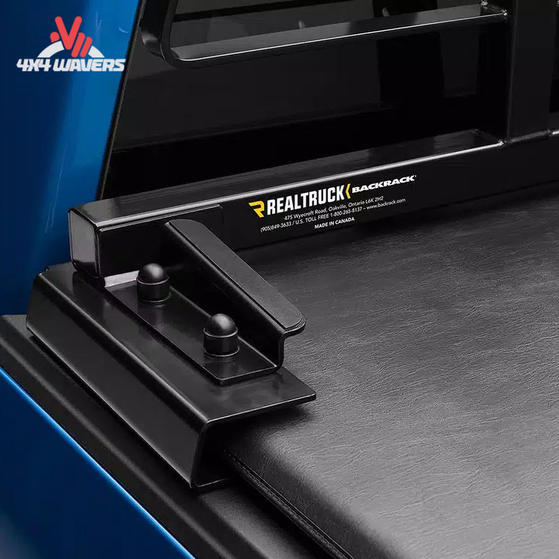 Close-up of black steel wide top bed rail adapter bracket SKU 50123 for folding covers