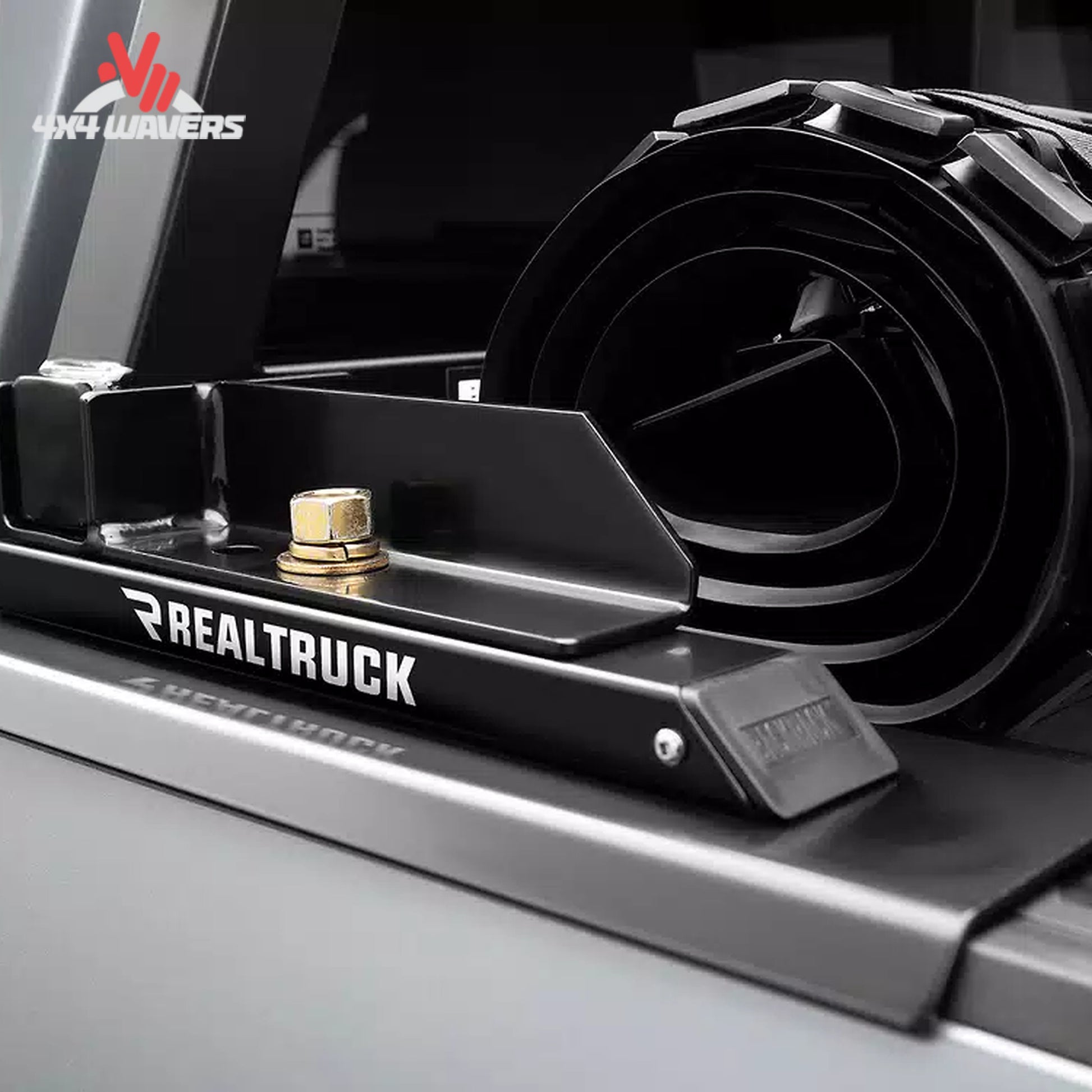 Close-up of black steel wide top bed rail adapter bracket SKU 50123 for folding covers