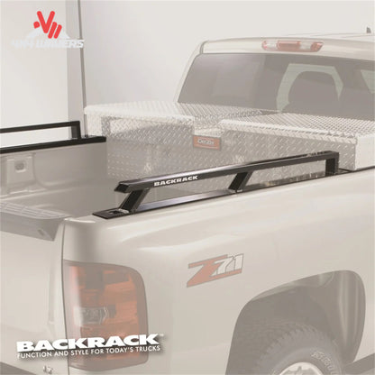 RealTruck Backrack side rails for 15-26 Ford F-150 8' bed headache rack, showing sturdy metal construction and fitment details.