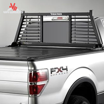 Profile view of BACKRACK 149LV Half Louver Rack mounted on truck bed rail stake pockets for ladder transport SKU BKHJ_149LV