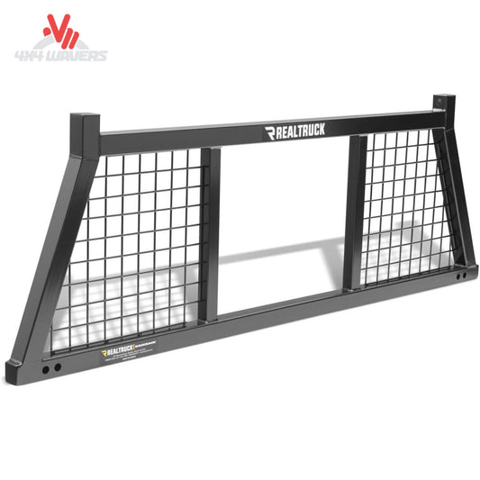RealTruck Backrack Half Safety Rack Frame for 1999-2026 GM, F-150, Tundra pickup trucks, shown installed on the truck bed.