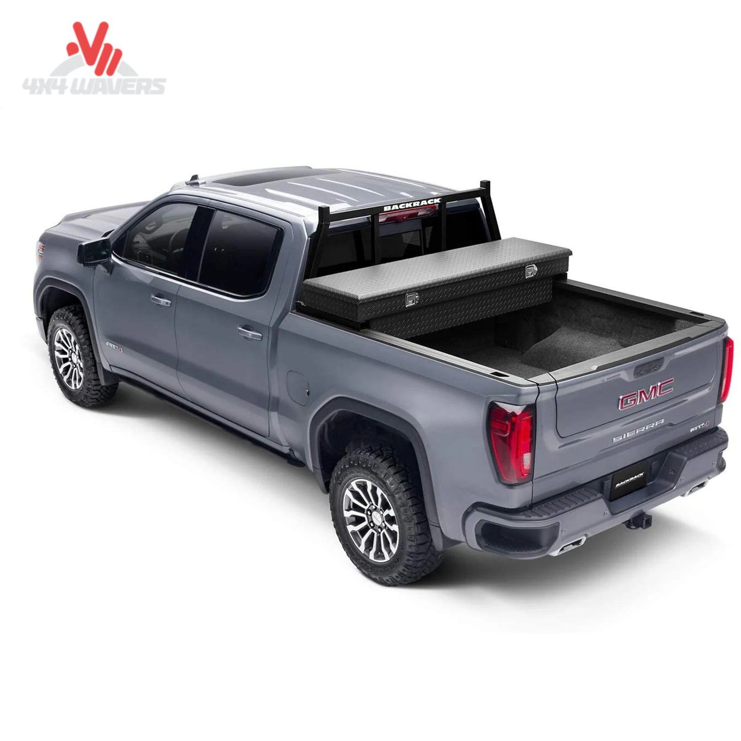 BACKRACK 14900 open headache rack frame integrated with bed tonneau cover and auxiliary LED light mounts SKU BKHJ_14900