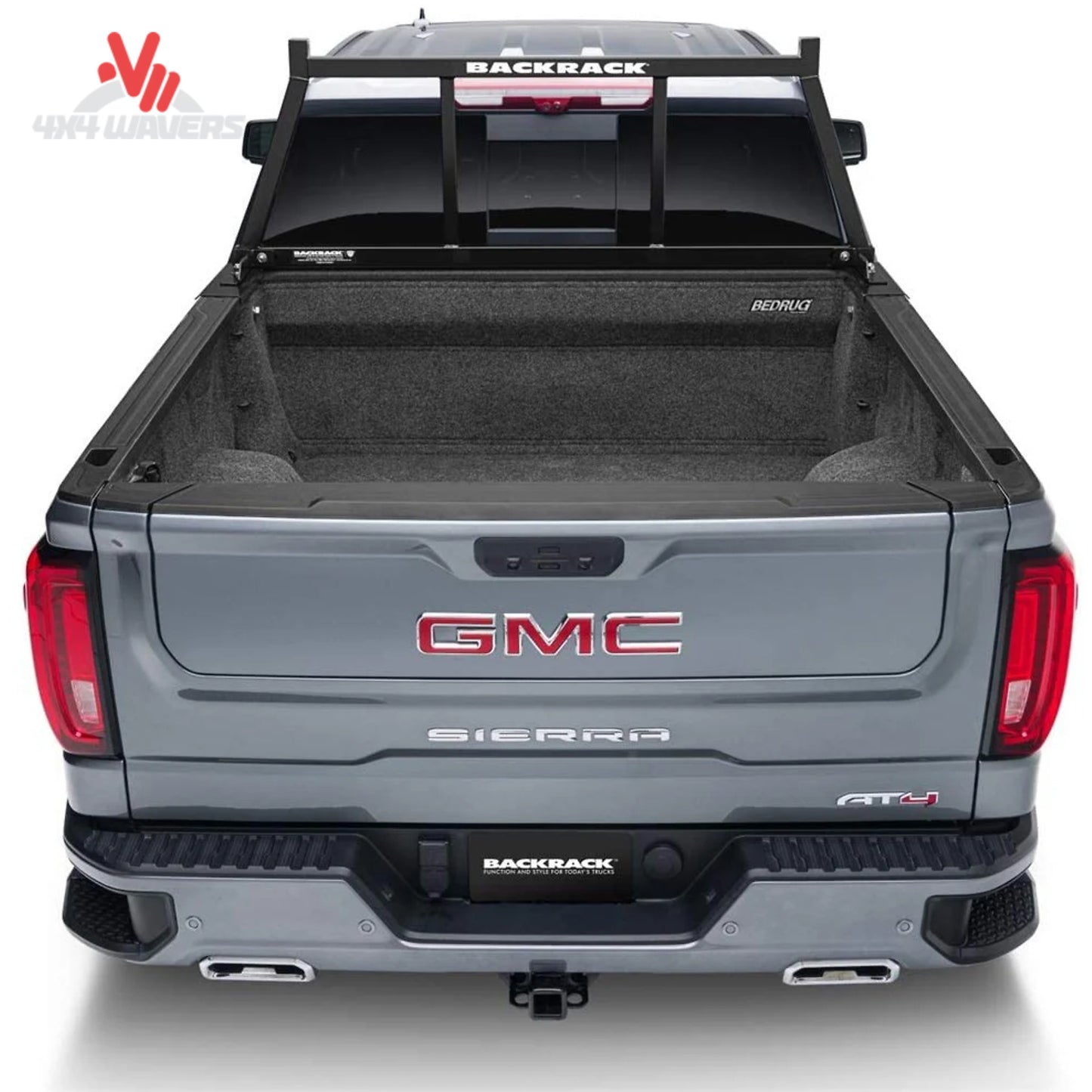 Profile view of BACKRACK 14900 Open Rack installed on pickup bed rail stake pockets carrying long cargo SKU BKHJ_14900