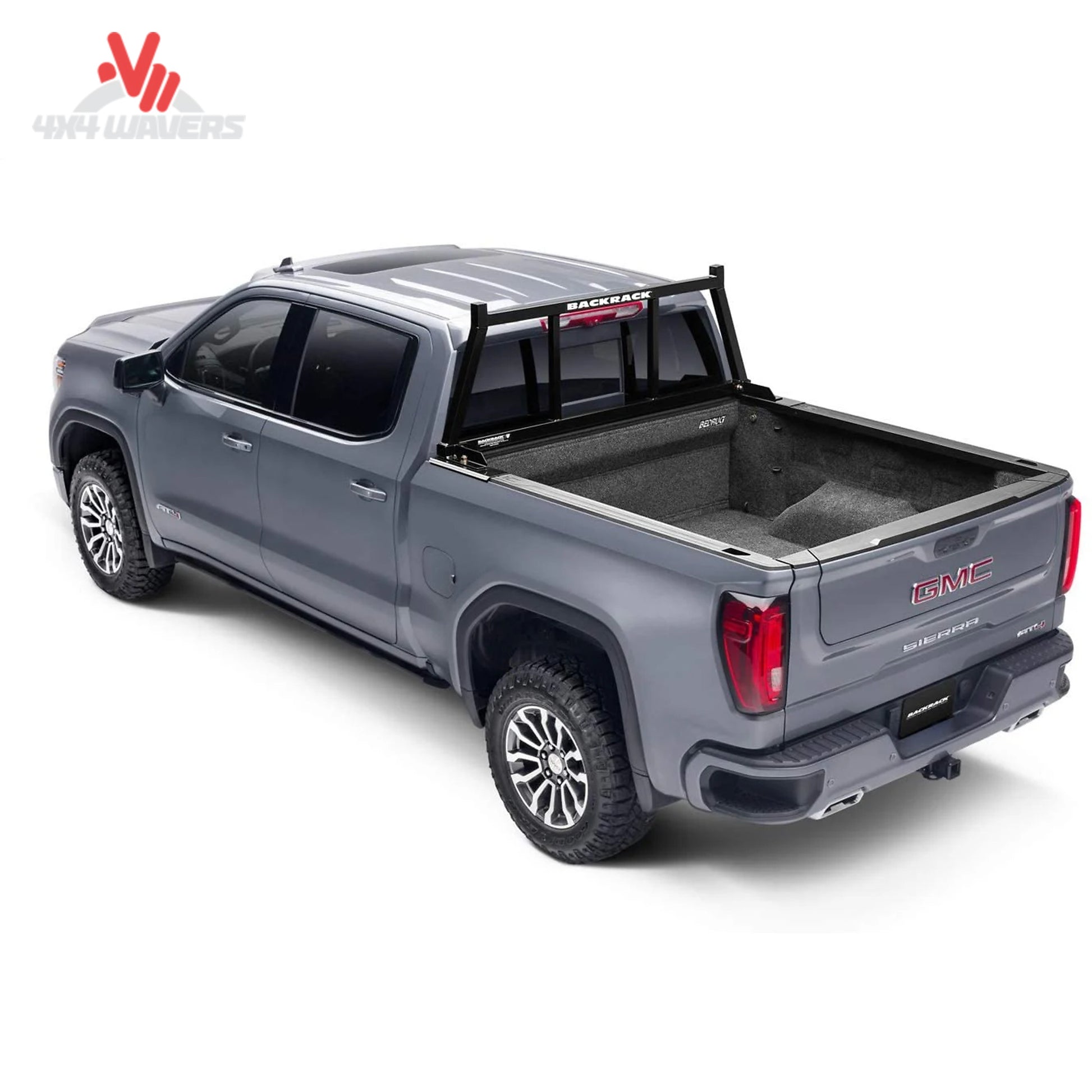 Profile view of BACKRACK 14900 Open Rack installed on pickup bed rail stake pockets carrying long cargo SKU BKHJ_14900