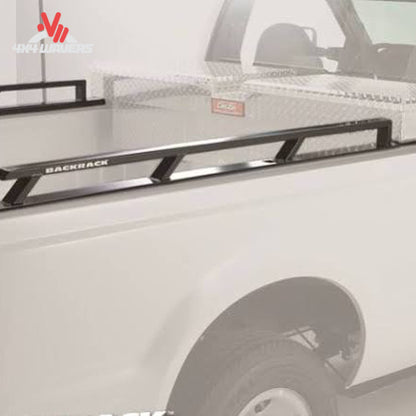 Black powder coated side rails meeting cross bed toolbox behind truck cab SKU 65522