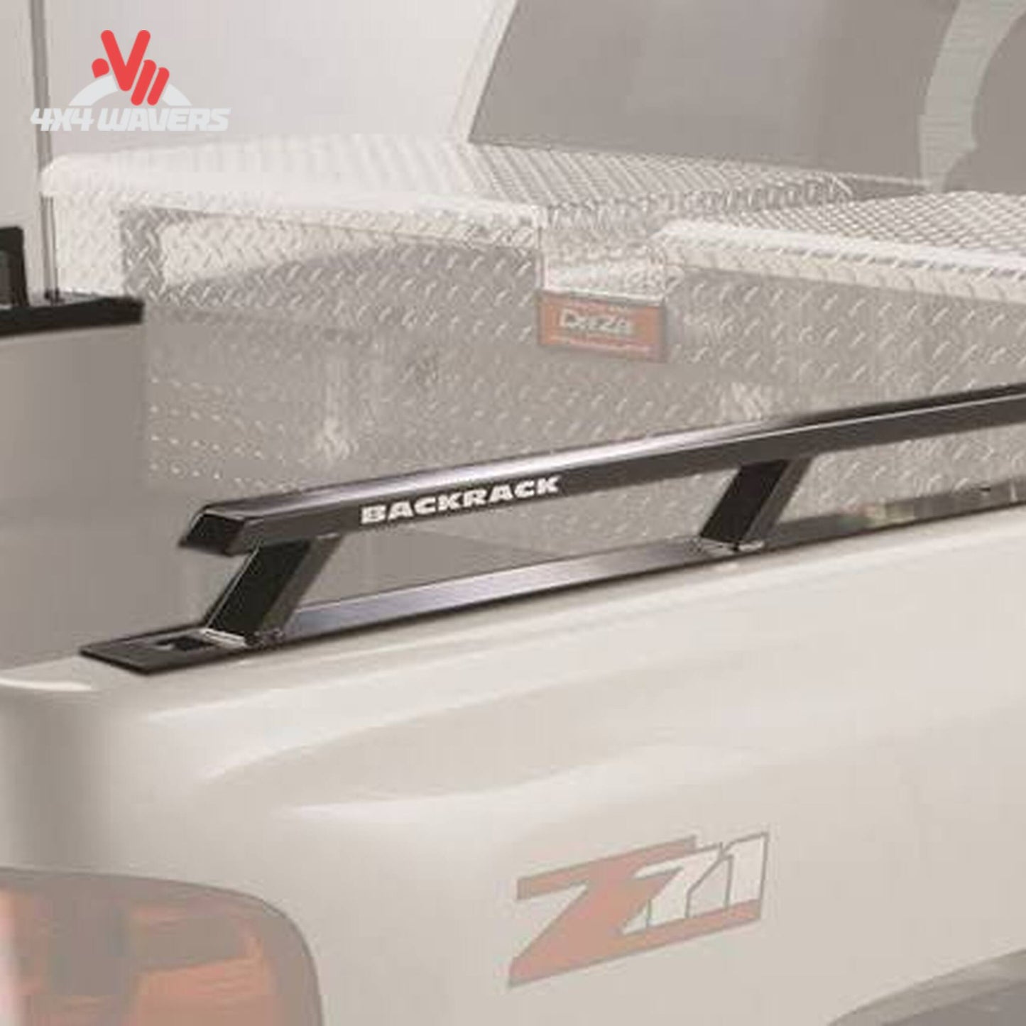Black powder coated side rails meeting cross bed toolbox behind truck cab SKU 65522