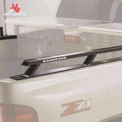 Black powder coated side rails meeting cross bed toolbox behind truck cab SKU 65522