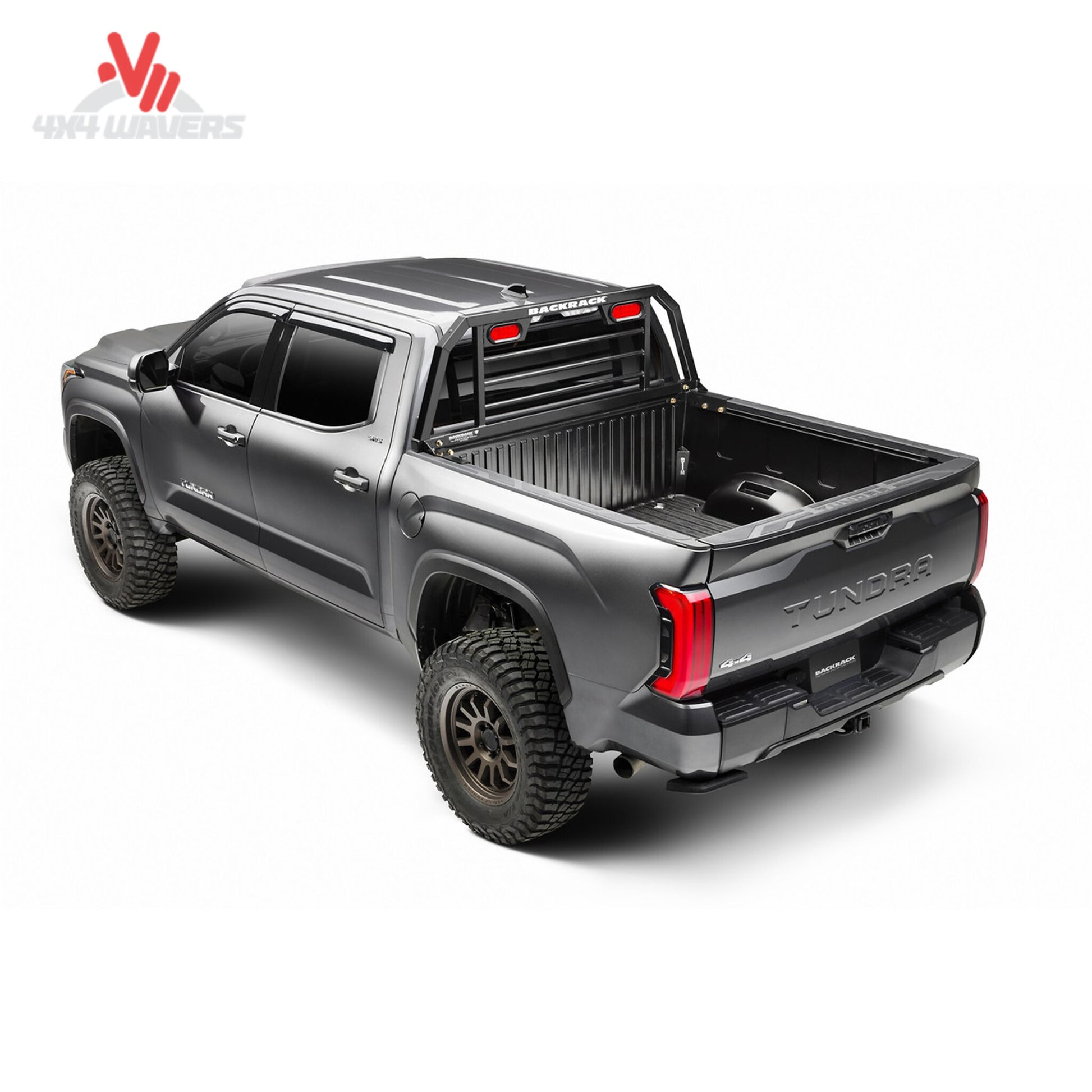 Backrack SRL900 lighted safety rack installed in truck bed, showcasing the headlight mounting and sturdy frame design.