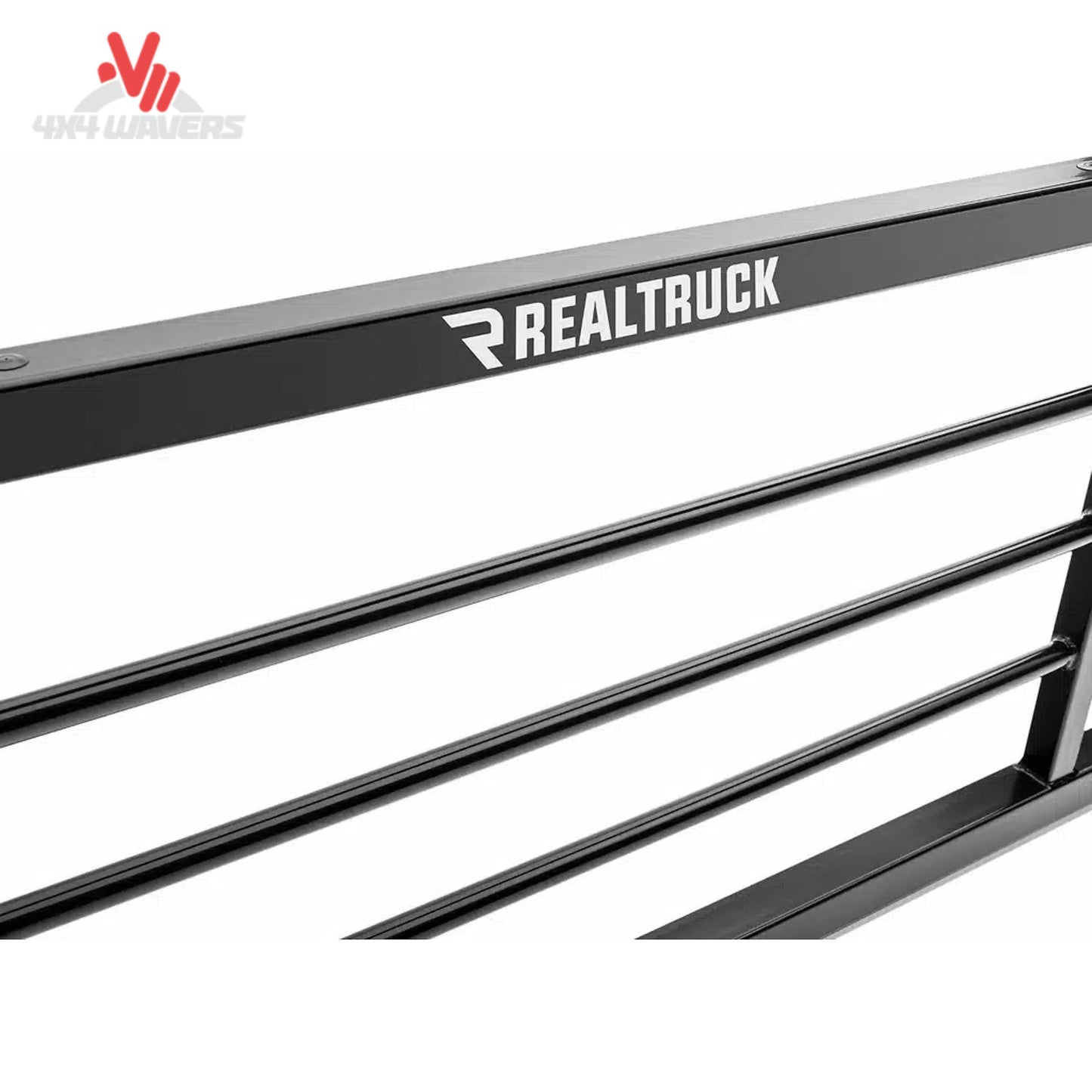 Steel headache rack from RealTruck Backrack SRX900 series, featuring slat design and sturdy frame for truck cab protection.