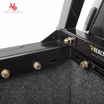 Steel headache rack from RealTruck Backrack SRX900 Series cab guard rack with slat detail for truck protection.
