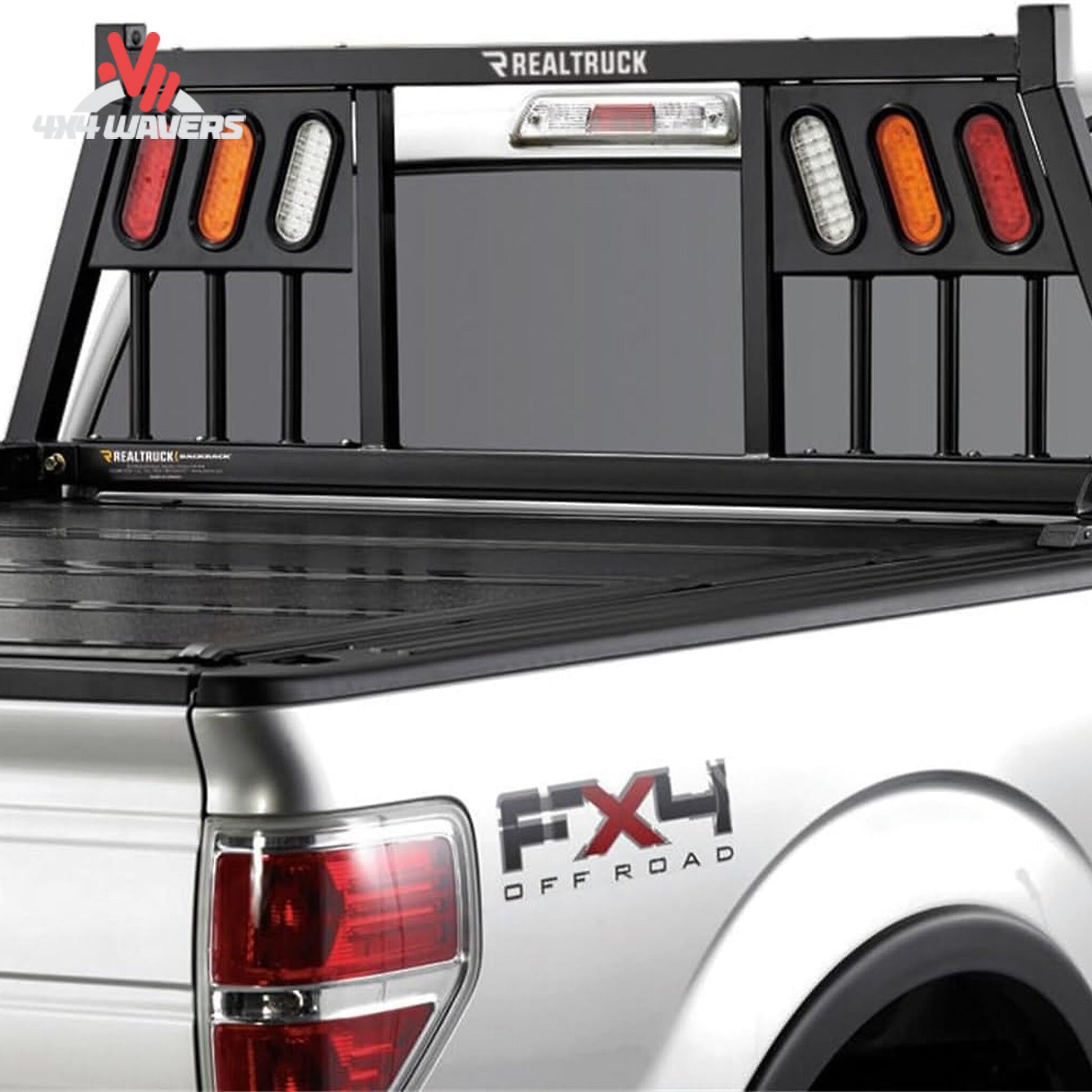 Profile view of BACKRACK 149TL Three Light Rack mounted on truck bed rail stake pockets for ladder support SKU BKHJ_149TL