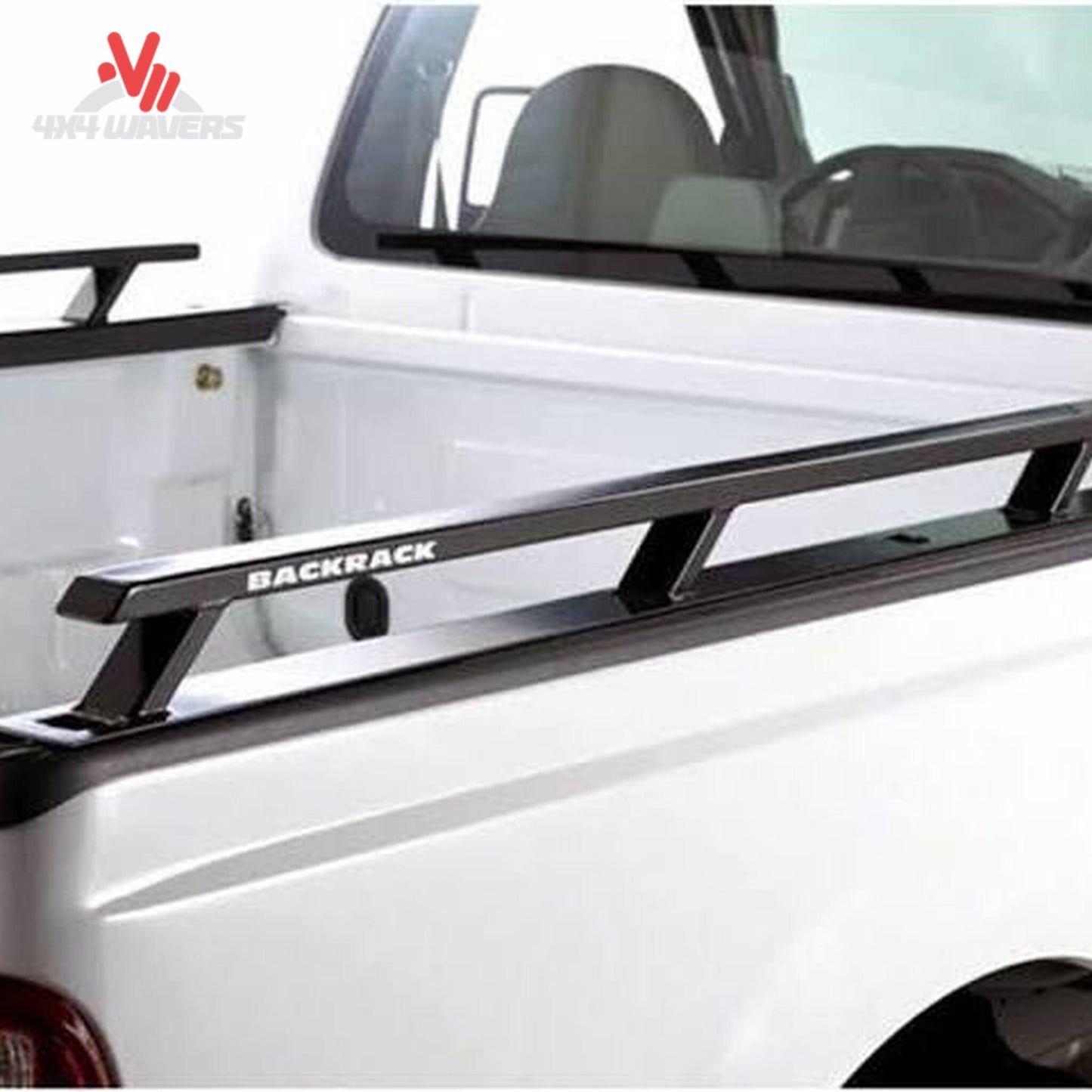 Pair of BACKRACK black steel bed rails shortened for 21 inch toolbox on GMC Sierra SKU 65522TB
