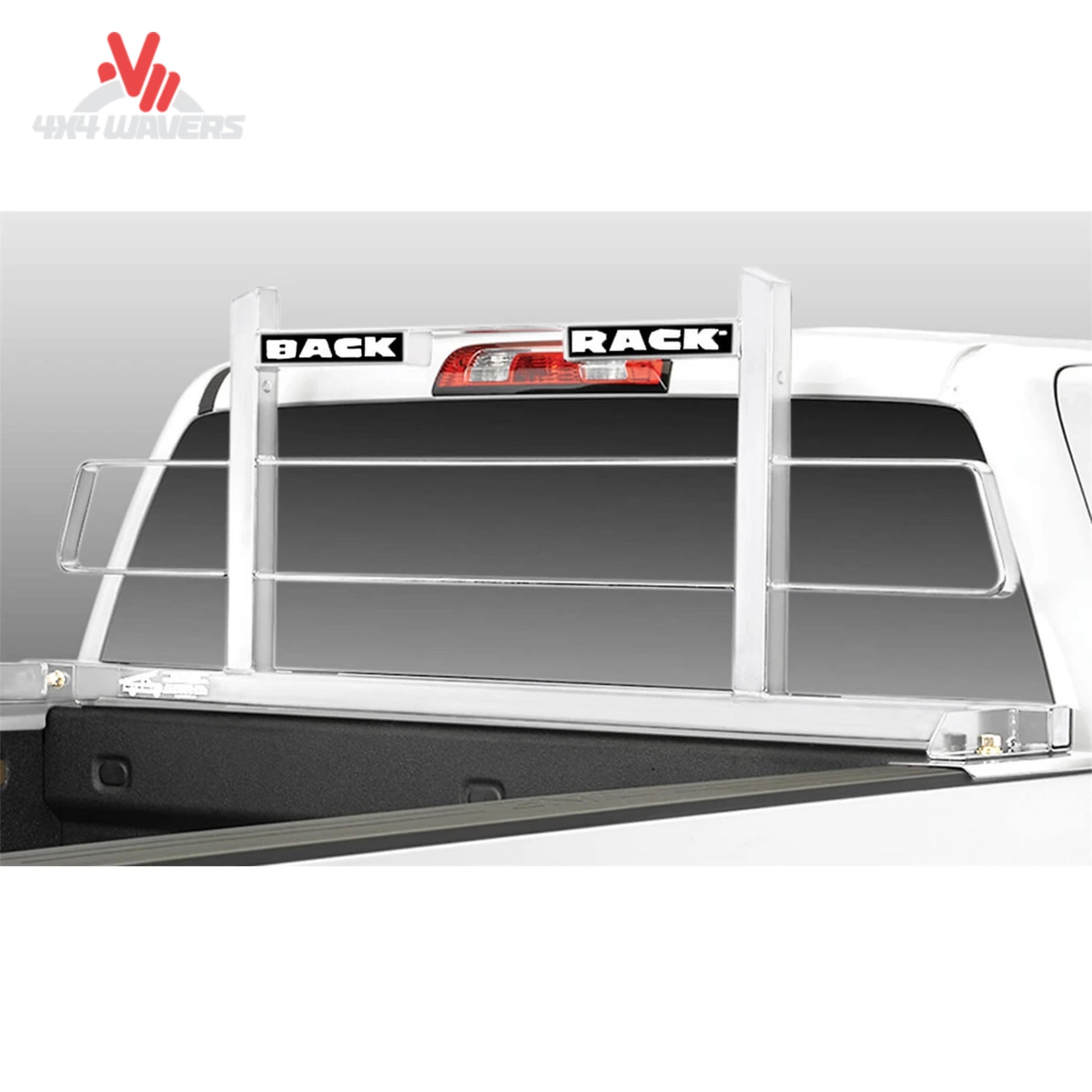Profile view of white BACKRACK 15004W Original Rack mounted on truck bed rail stake pockets for ladder transport SKU BKHJ_15004W