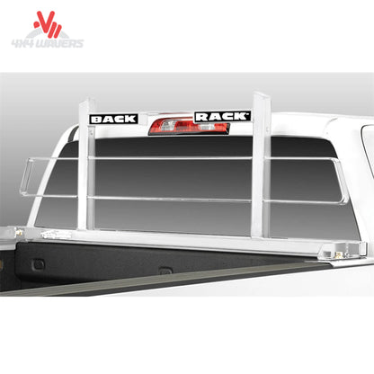 Profile view of white BACKRACK 15004W Original Rack mounted on truck bed rail stake pockets for ladder transport SKU BKHJ_15004W