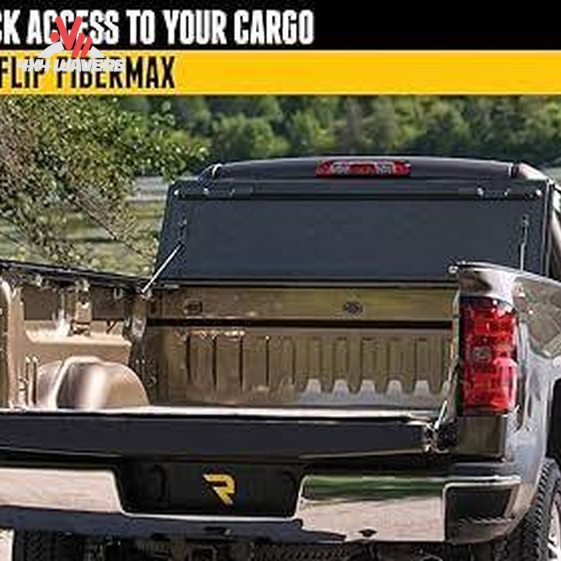 BAKFlip FiberMax folded upright against cab for 100 percent bed access SKU 1126120