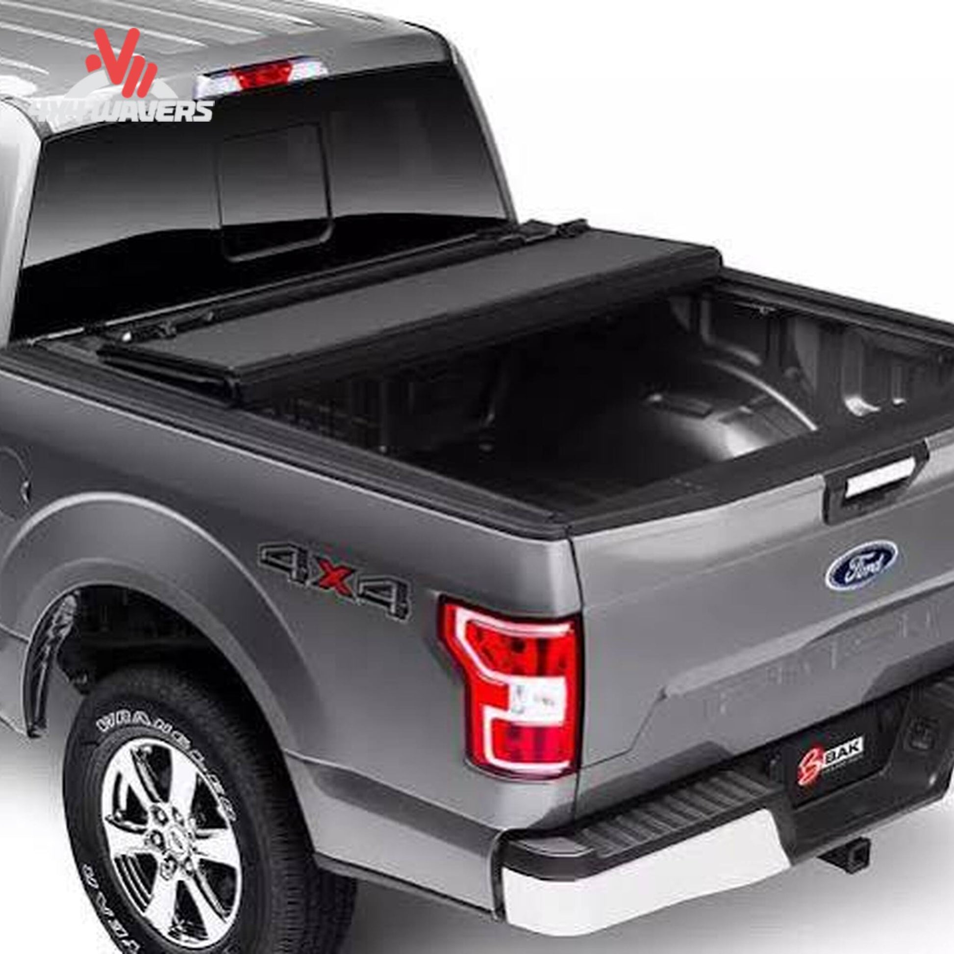 BAKFLIP MX4 hard folding tonneau cover on a 2004-2014 Ford F-150 with 6.5-foot bed, showing full bed access and support rods.