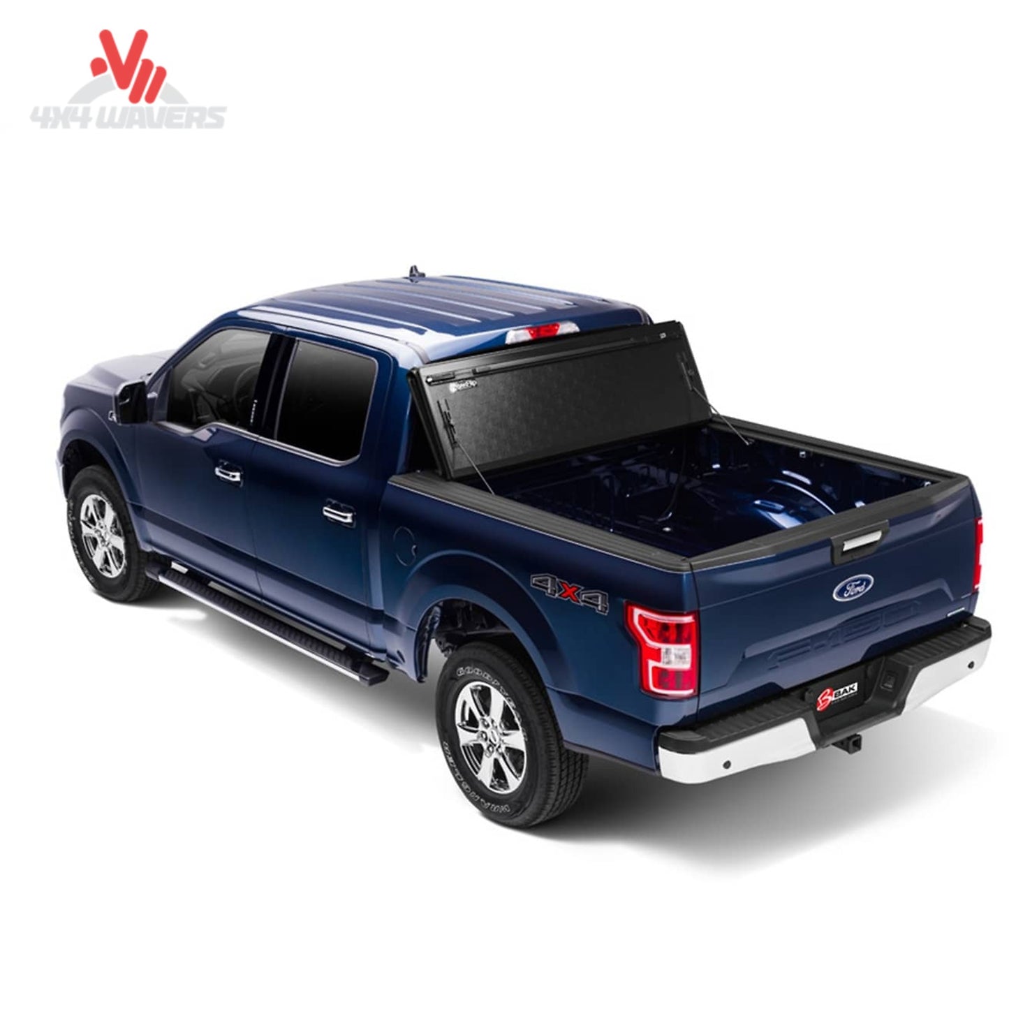 BAKFLIP MX4 hard folding tonneau cover on a 15-20 Ford F-150 with a 6.5-foot bed, showing full bed access and support rods.