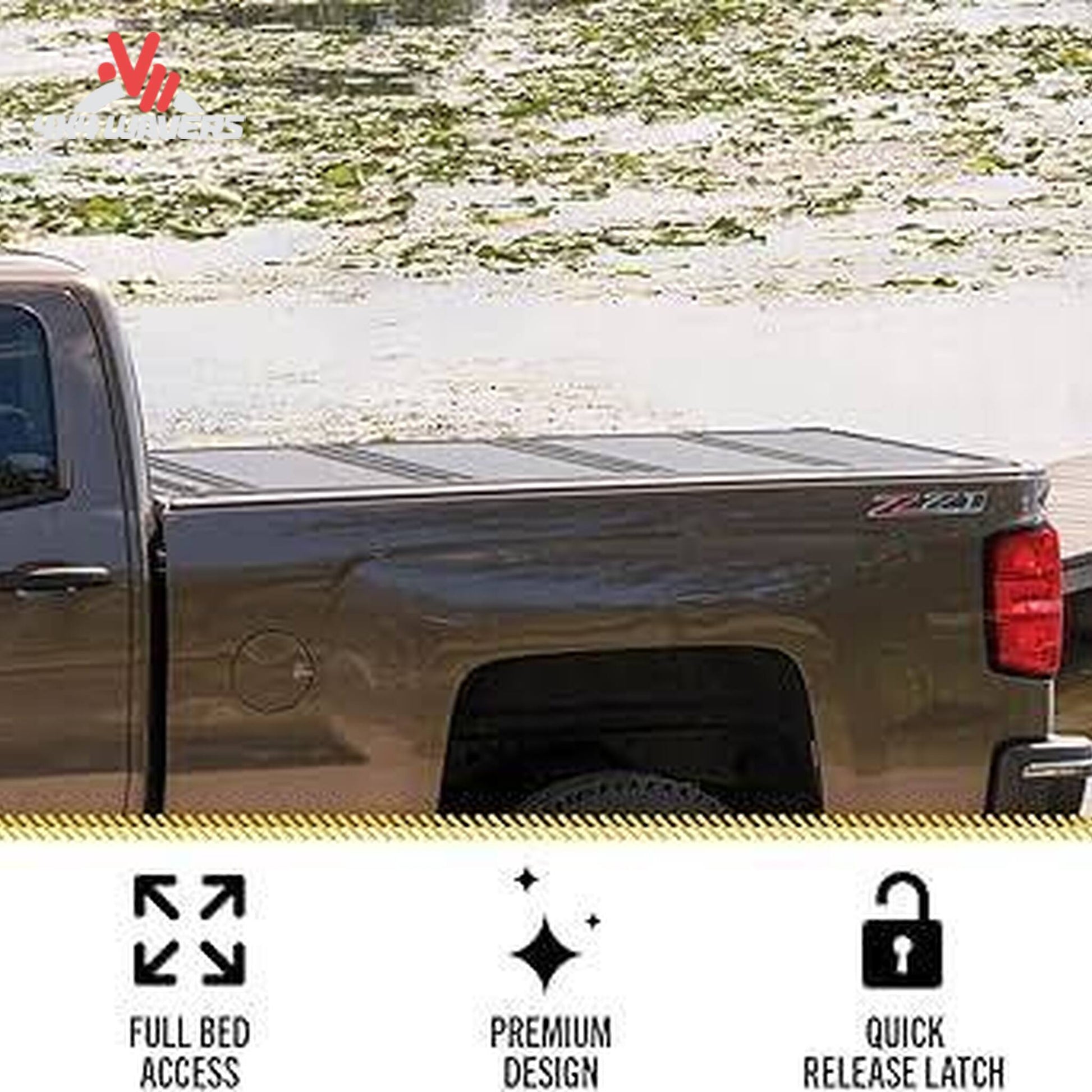 BAKFLIP MX4 hard folding tonneau cover on a 2015-2020 Ford F-150 with 6.5-foot bed, showcasing low-profile rail detail.