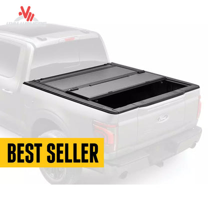 BAKFLIP MX4 hard folding tonneau cover on a 2004-2014 Ford F-150 with 5.5-foot bed, shown folded open for bed access.