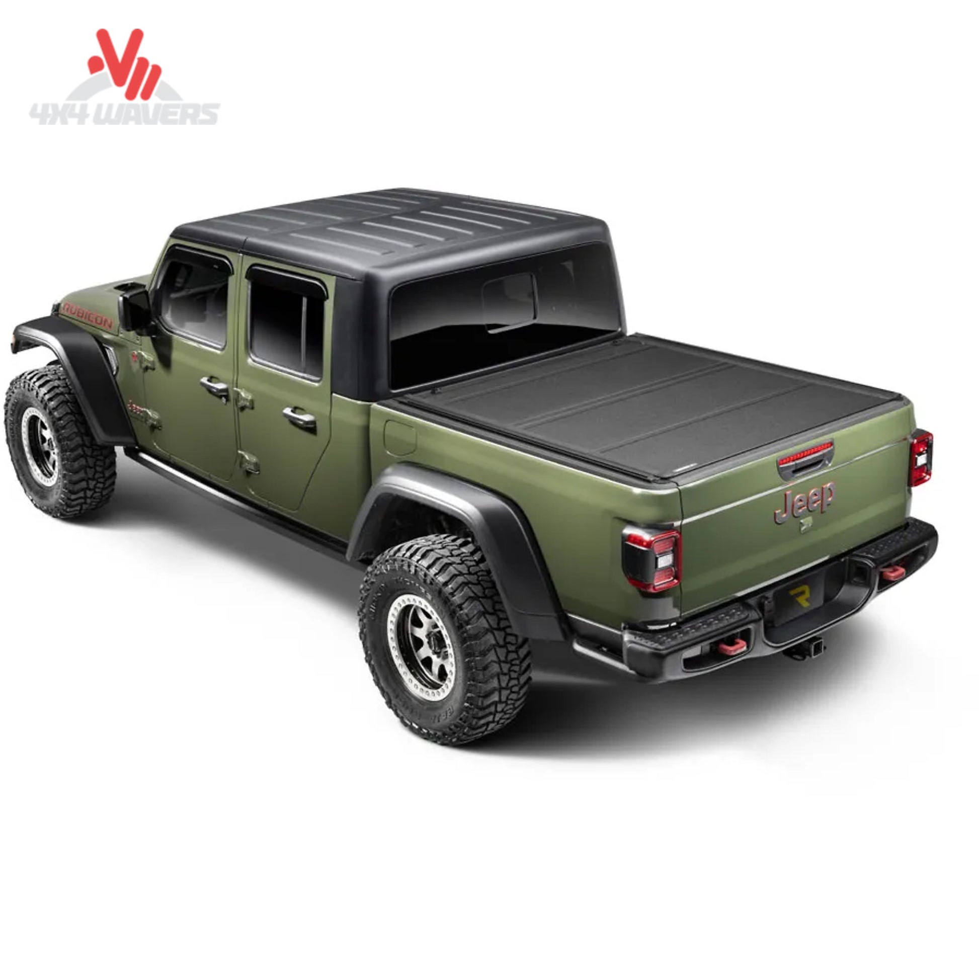 Cubierta tonneau rígida plegable BAKFlip MX4 TS instalada en una Jeep Gladiator JT 2020-2026, mostrando su diseño negro duradero y su seguro mecanismo de cierre.