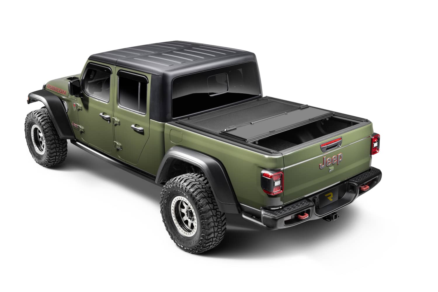 BAKFlip MX4 TS hard folding tonneau cover on Jeep Gladiator 5ft bed, open showing heavy-duty aluminum construction and T-slot rails.