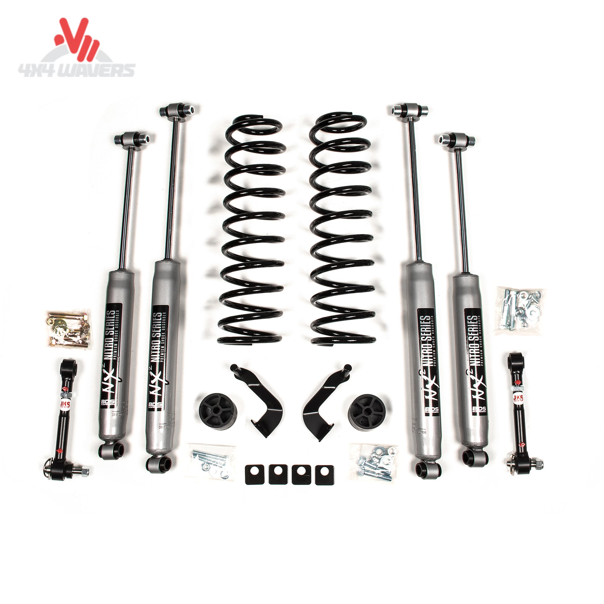 Front de un kit de nivelación BDS Suspension de 2 pulgadas instalado en una Jeep Gladiator JT 2020-2025, mostrando la altura elevada y los componentes de la suspensión.