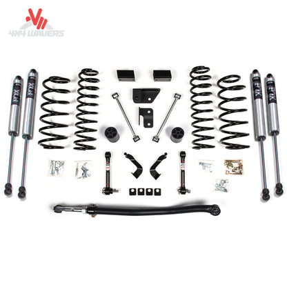 Front frontal del kit de elevación BDS Suspension de 3 pulgadas con amortiguadores NX2 en un Jeep Wrangler JL Unlimited 2018-2024, mostrando los detalles de la suspensión elevada.