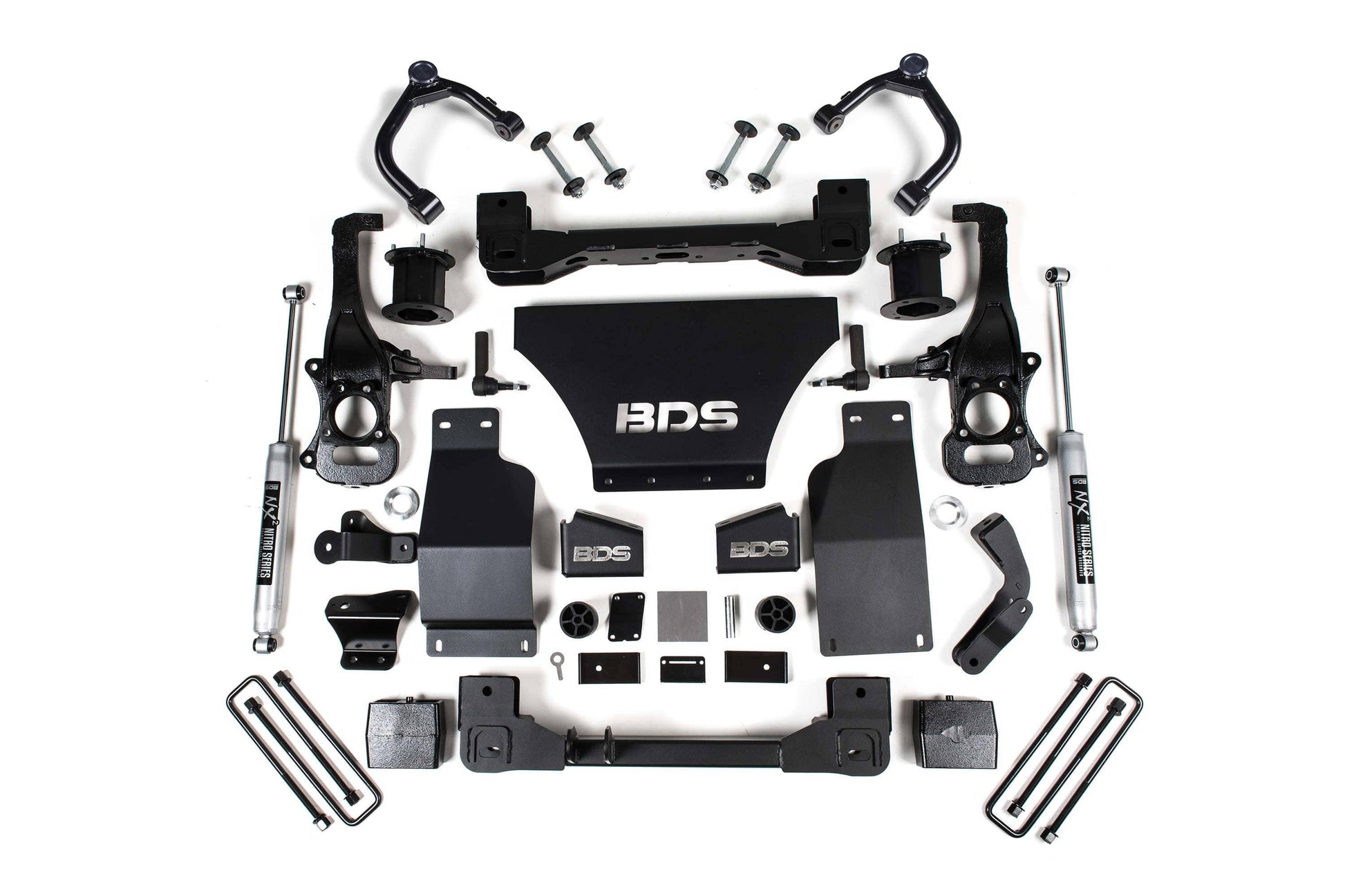 BDS 4.5-inch lift kit with NX2 Nitro shocks installed on Jeep Wrangler JK 4-door 2012-2018, showing lifted suspension and clearance for 37-inch tires.