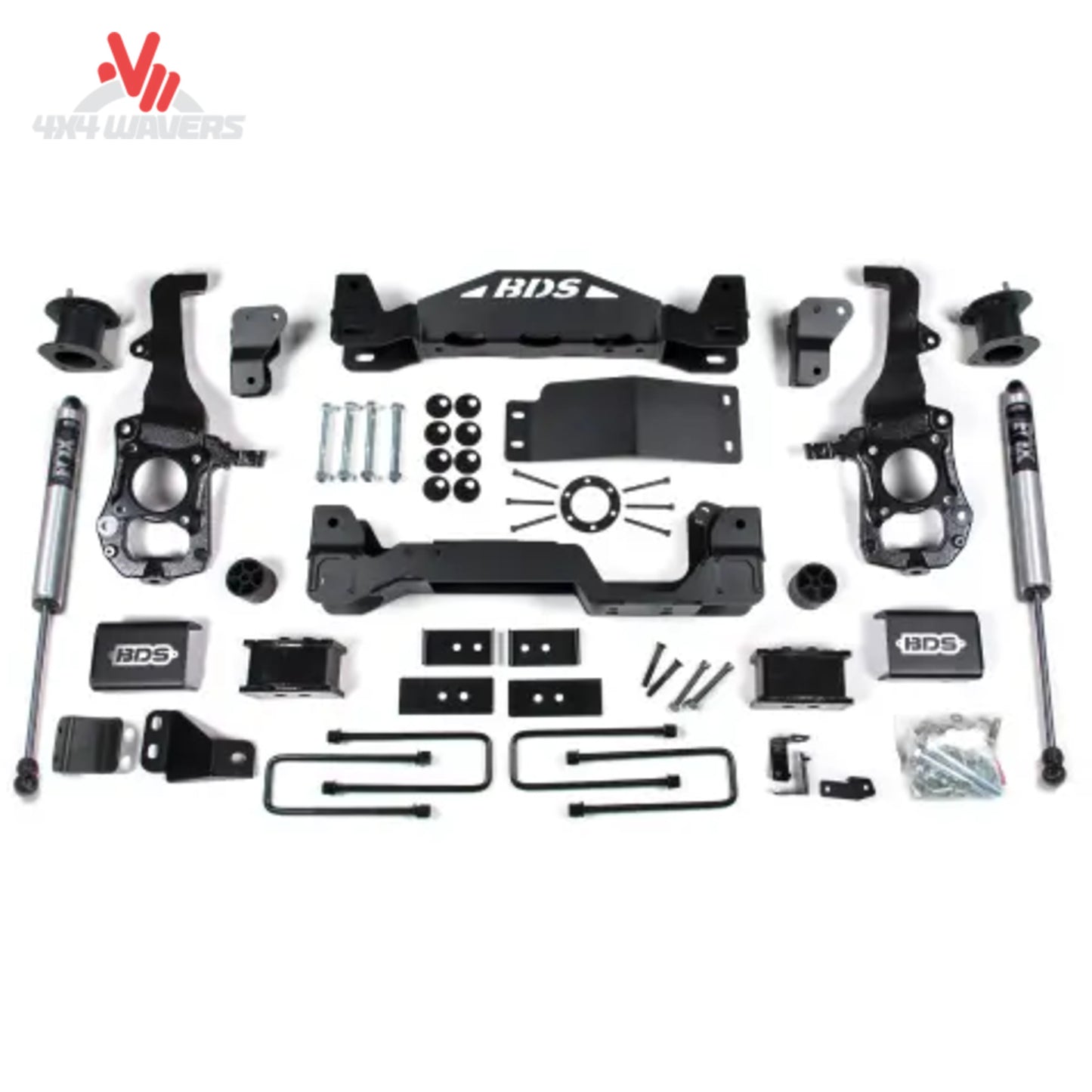 BDS 4-inch lift kit with FOX 2.0 shocks installed on a 2021-2026 Ford F-150 4WD, showcasing the suspension components.
