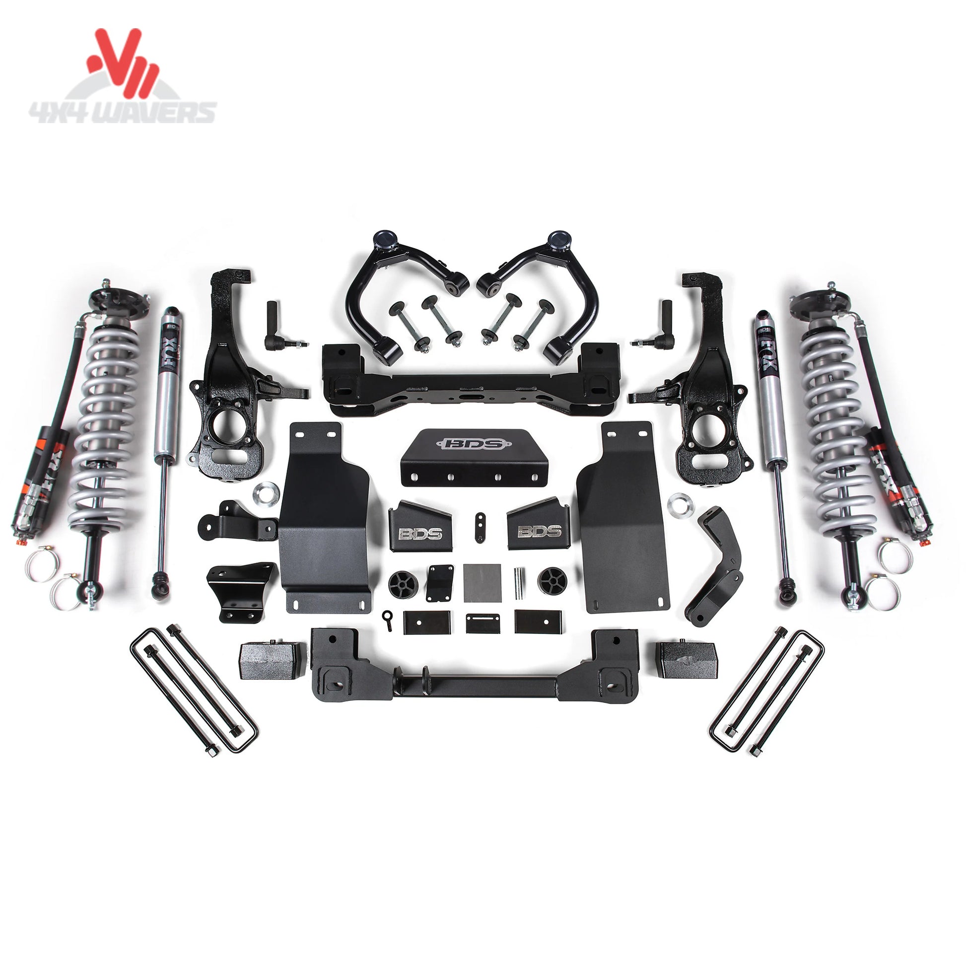 Complete BDS 4 inch lift kit featuring FOX 2.5 DSC coilovers and high clearance crossmembers SKU BDS1800FPE