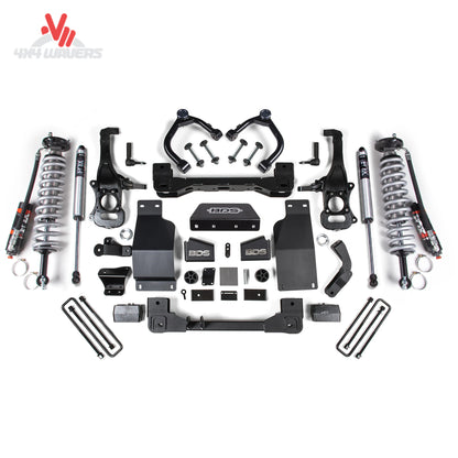 Complete BDS 4 inch lift kit featuring FOX 2.5 DSC coilovers and high clearance crossmembers SKU BDS1800FPE