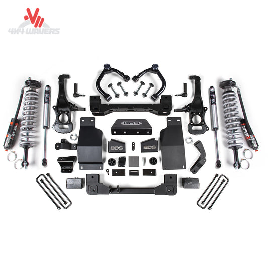 Complete BDS 4 inch lift kit featuring FOX 2.5 DSC coilovers and high clearance crossmembers SKU BDS1800FPE