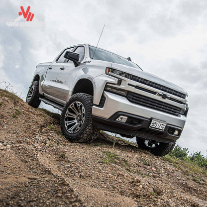 Side profile of lifted Chevrolet Silverado 1500 on 35 inch off road tires SKU BDS1800FPE