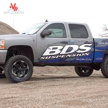 Side profile of lifted Chevrolet Silverado 1500 4WD on 35 inch off road tires SKU BDS176H