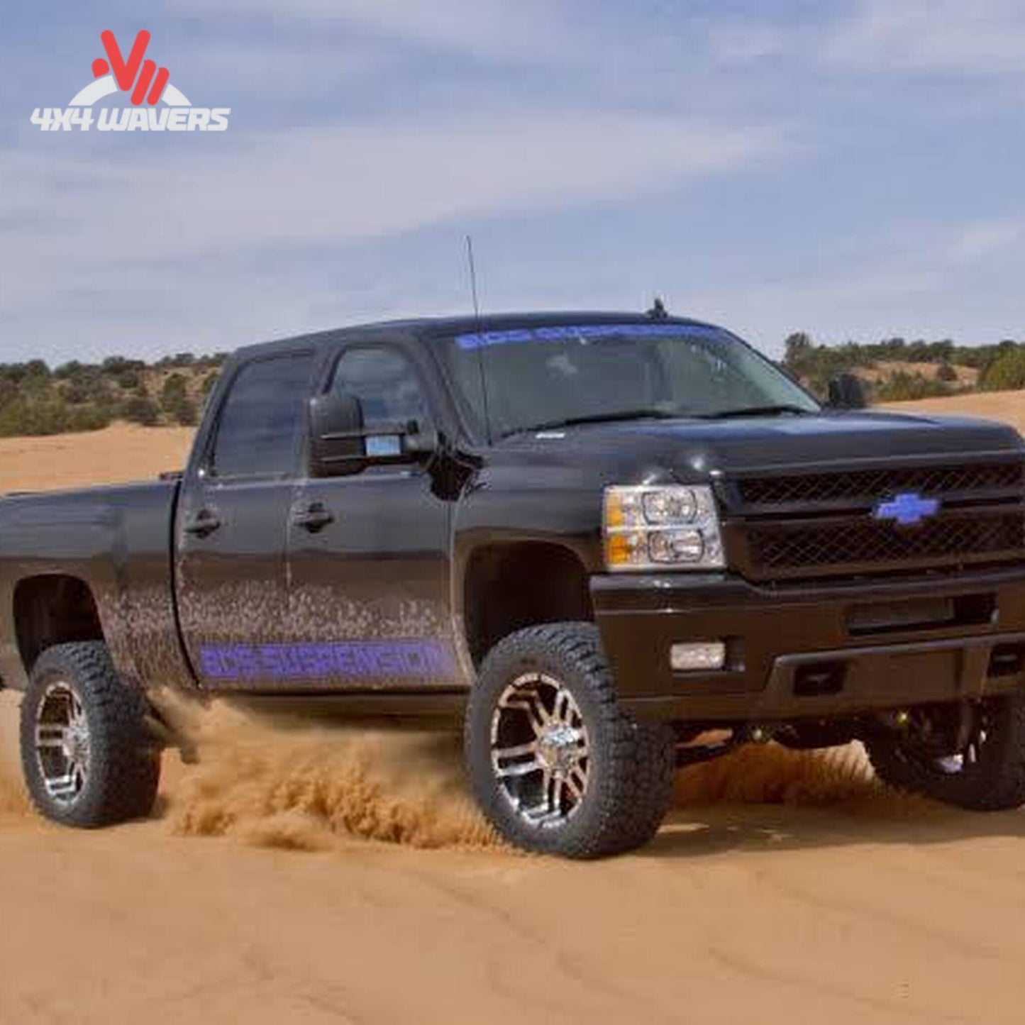 Side profile of lifted Chevrolet Silverado 1500 4WD on 35 inch off road tires SKU BDS176H