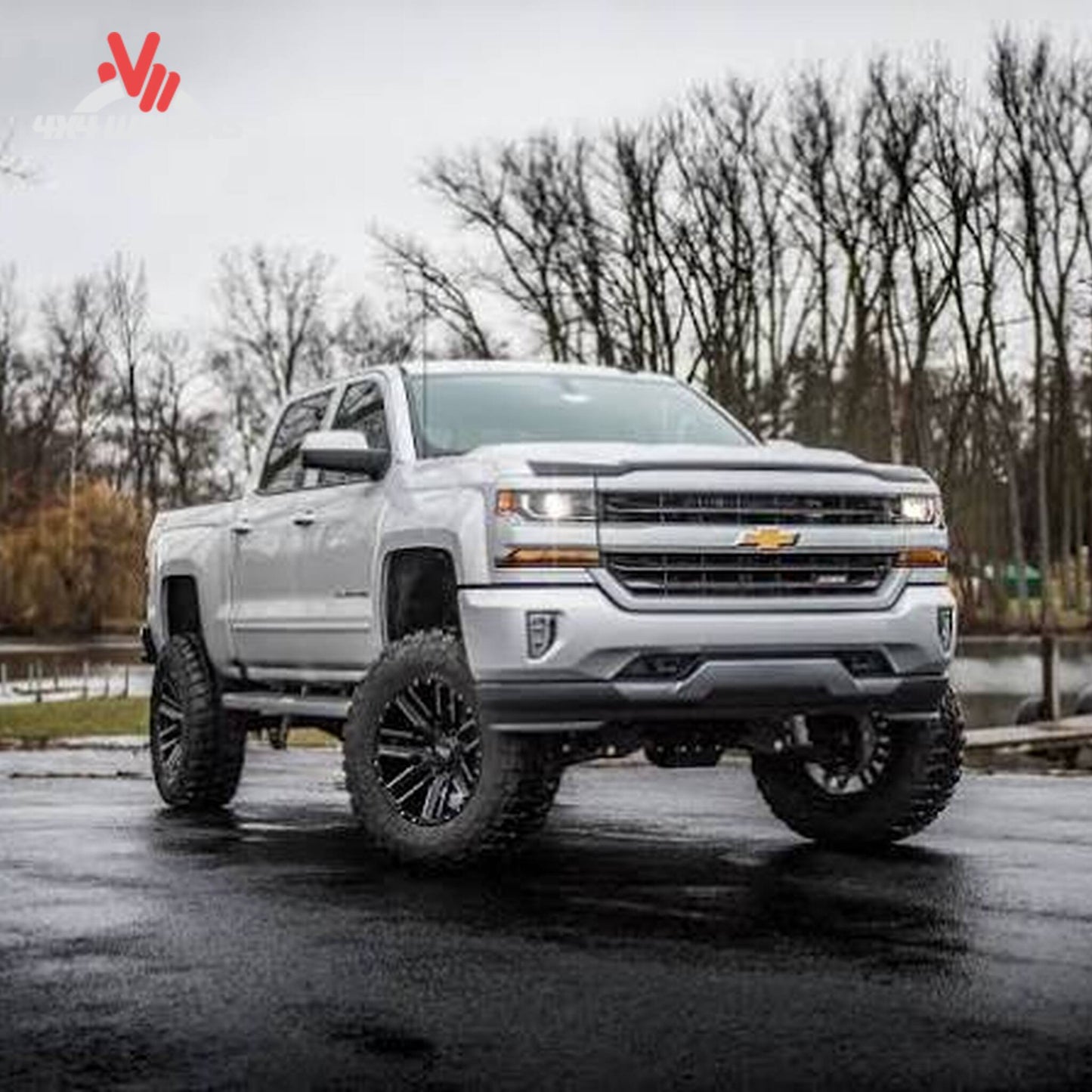 Side profile of lifted Chevrolet Silverado 1500 4WD on 35 inch off road tires SKU BDS710F