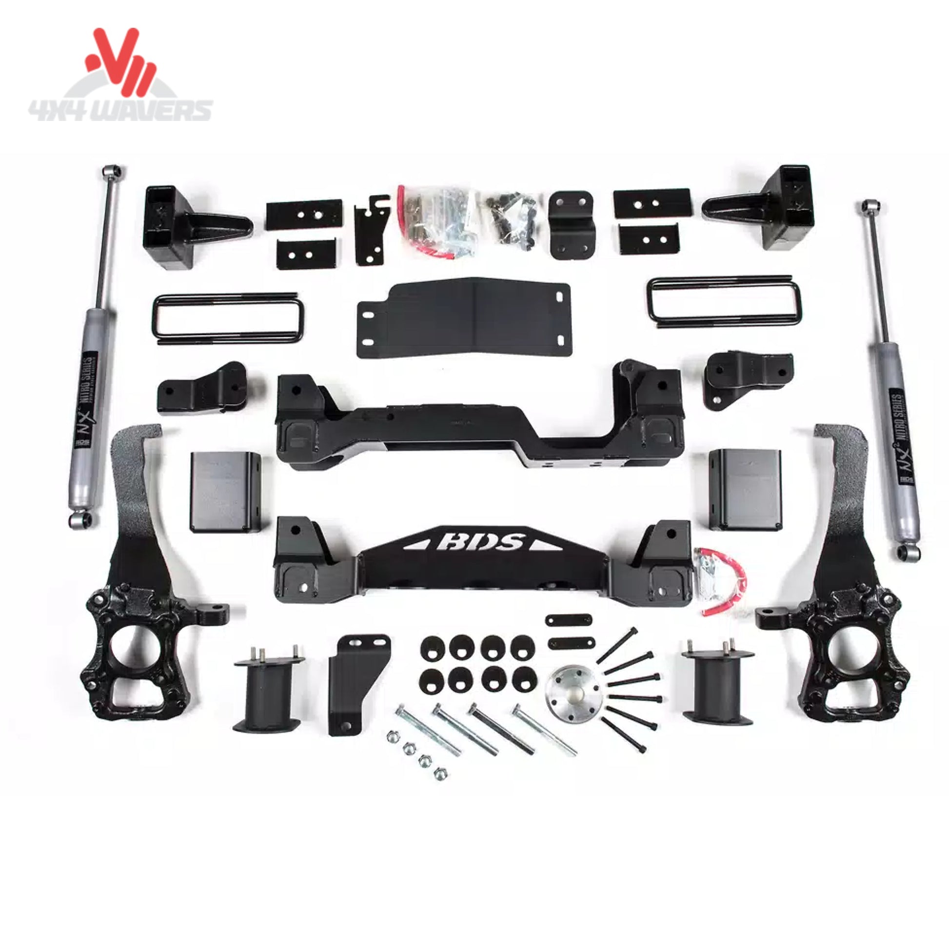 BDS 6-inch lift kit with NX2 shocks installed on a 15-20 Ford F-150 4WD, showing the lifted truck's suspension and shock components.