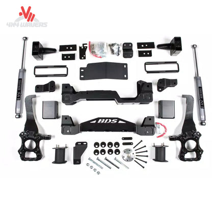 BDS 6-inch lift kit with NX2 shocks installed on a 15-20 Ford F-150 4WD, showing the lifted truck's suspension and shock components.