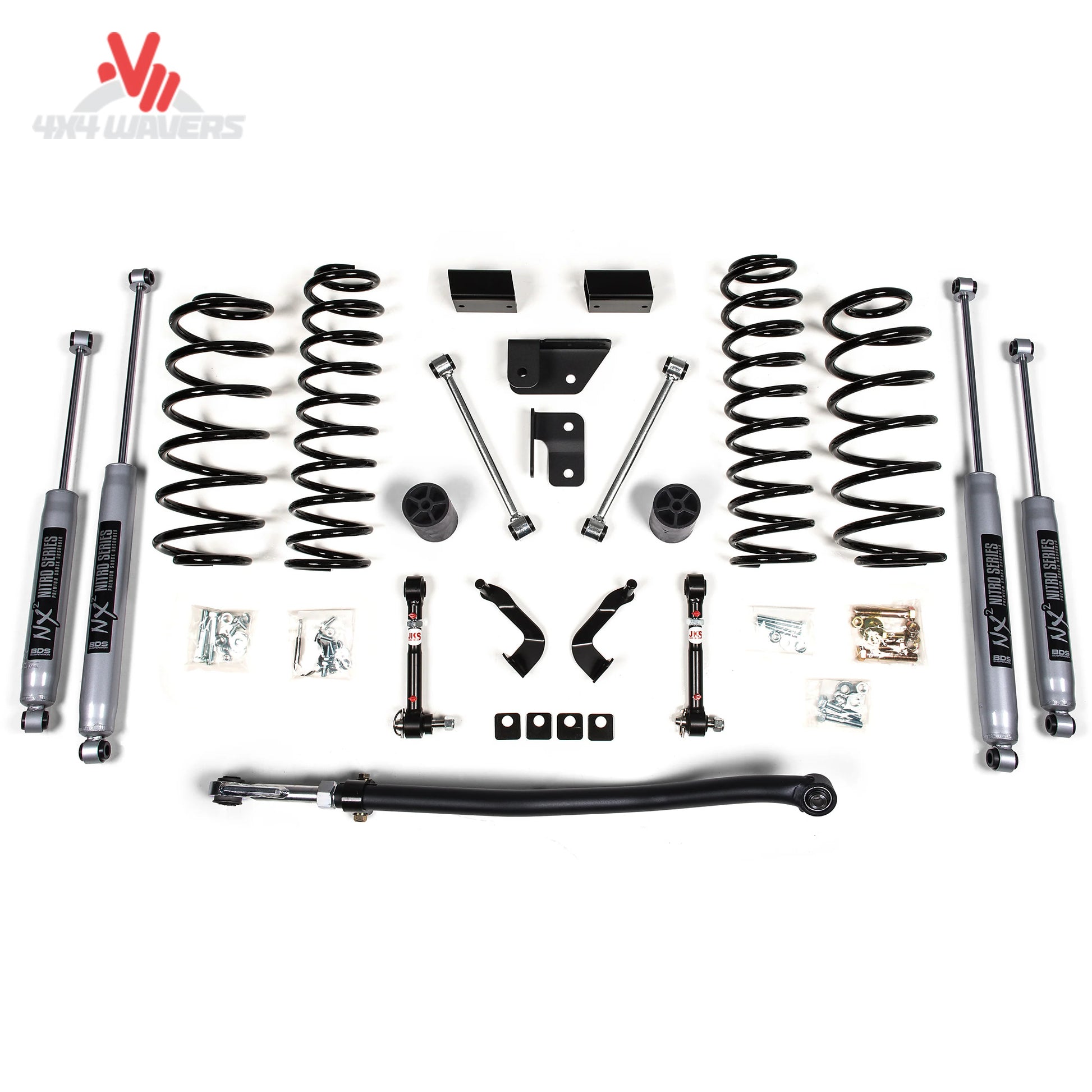 BDS kit de elevación de 3 pulgadas con amortiguadores NX2 instalado en un Jeep Wrangler JL de 2 puertas 2018-2024, mostrando brazos de control delanteros y resortes.