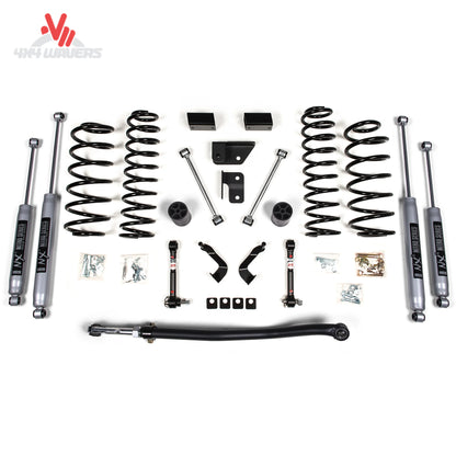 BDS kit de elevación de 3 pulgadas con amortiguadores NX2 instalado en un Jeep Wrangler JL de 2 puertas 2018-2024, mostrando brazos de control delanteros y resortes.