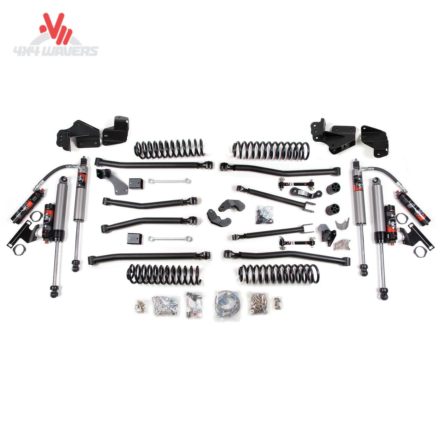 BDS 4.5-inch long arm lift kit with NX2 shocks installed on a 2007-2018 Jeep Wrangler JK Unlimited, showcasing suspension components.