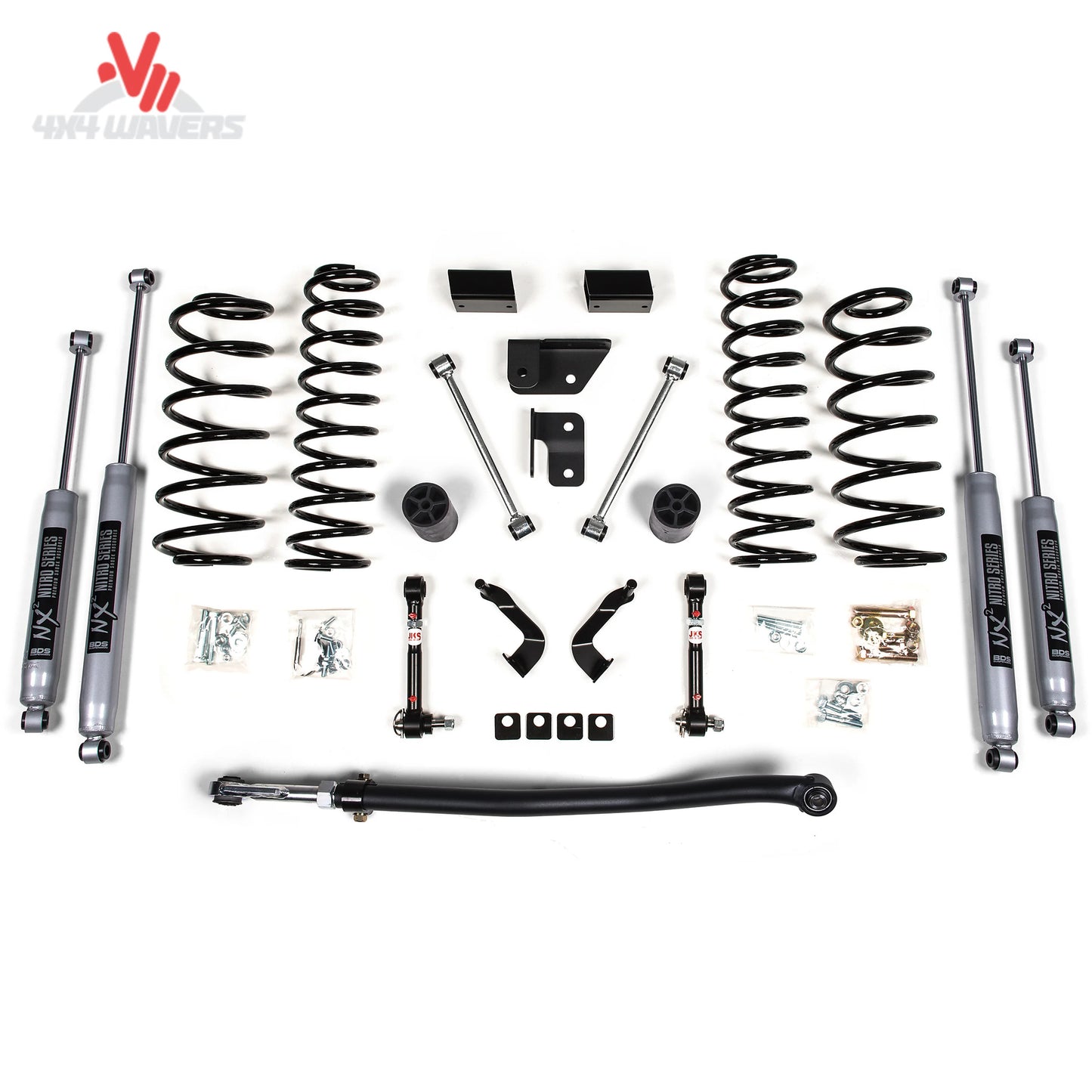 Primer plano del amortiguador BDS NX2 Nitro Series en un Jeep Wrangler JL con kit de elevación de 3 pulgadas, mostrando componentes de suspensión duraderos.