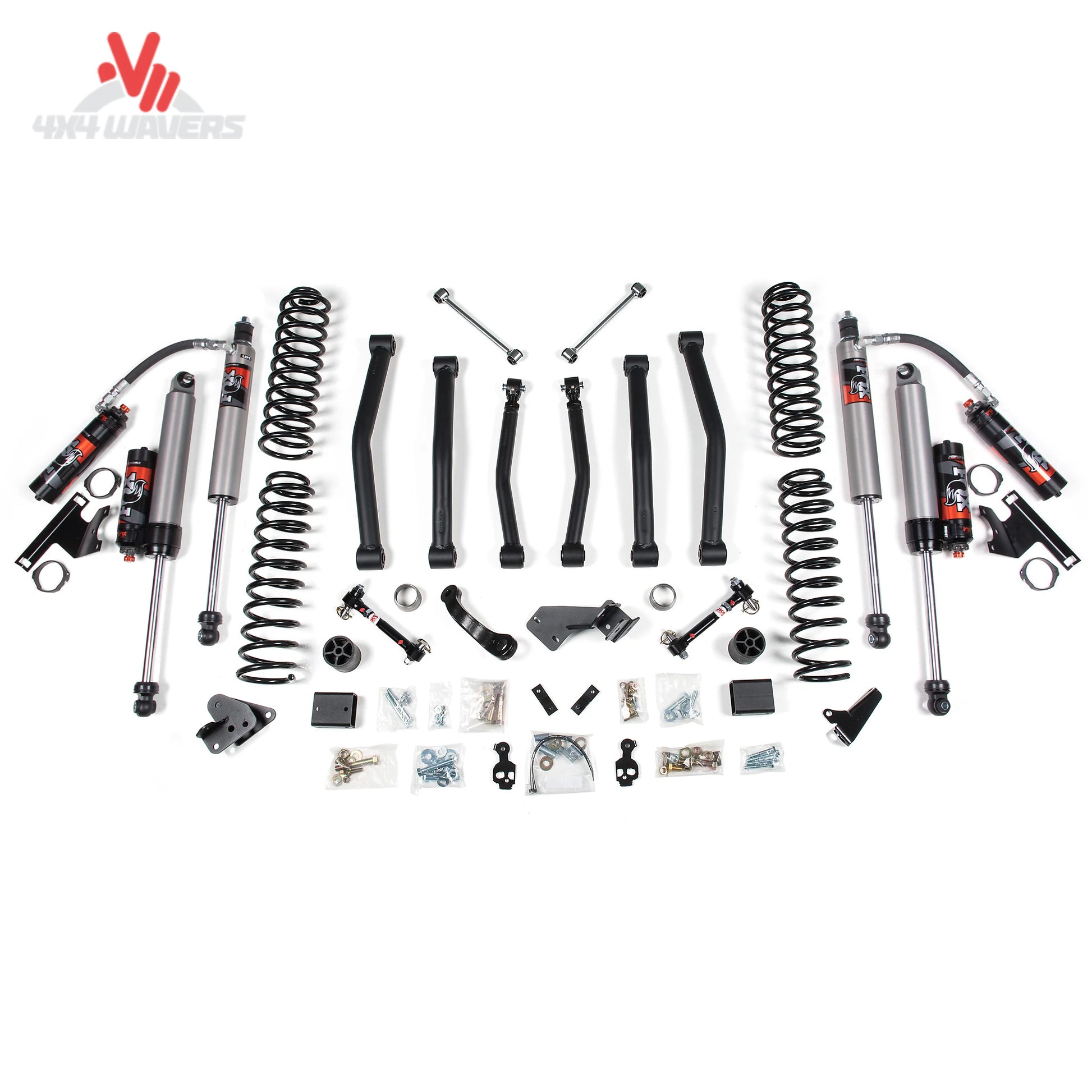 alt
Kit de elevación BDS de 4.5 pulgadas con amortiguadores NX2 Nitro Series instalado en un Jeep Wrangler JK Unlimited 2012-2018, mostrando los componentes de la suspensión.