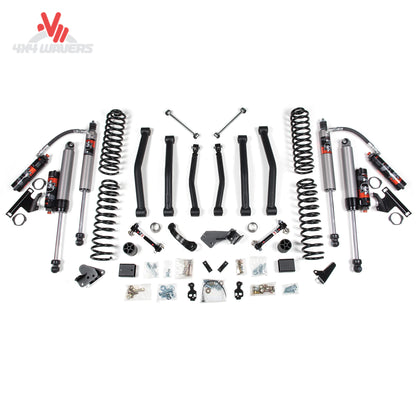 alt
Kit de elevación BDS de 4.5 pulgadas con amortiguadores NX2 Nitro Series instalado en un Jeep Wrangler JK Unlimited 2012-2018, mostrando los componentes de la suspensión.