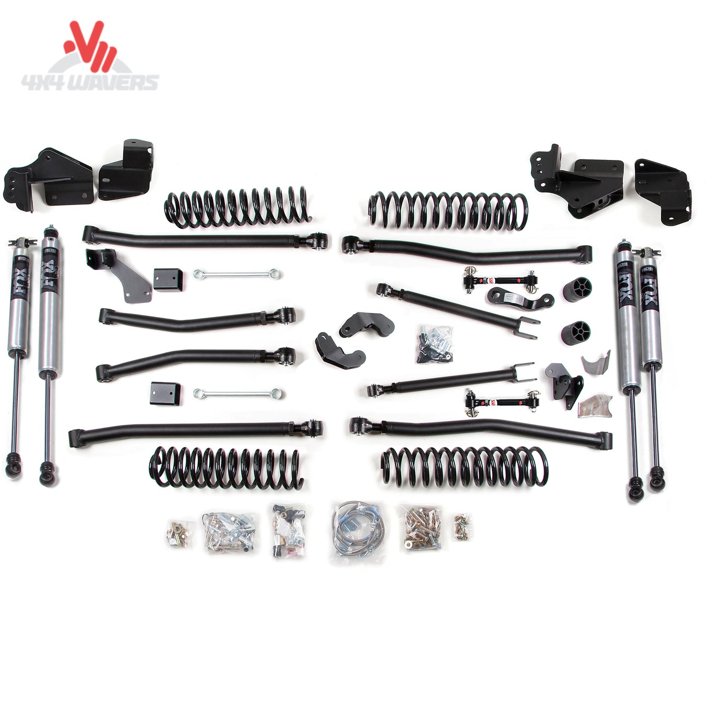 Close-up of BDS NX2 Nitro Series shocks from the 4.5-inch long arm lift kit on a 2007-2018 Jeep Wrangler JK Unlimited.